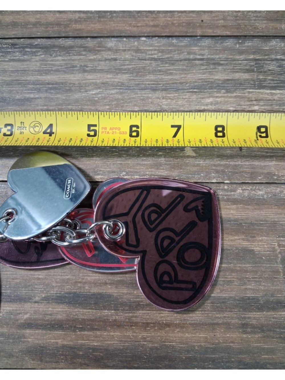 Coach Poppy Keychain Bag Tag Charm Heart Pink Red Outline Logo Mirrored - Picture 13 of 13